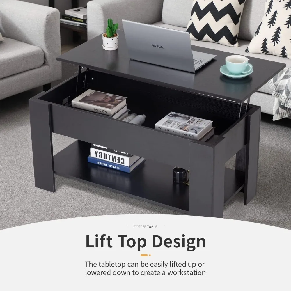 Lift Top Coffee Table with Hidden Compartment and Storage Shelf Wooden Lift Tabletop for Home Living Room Reception Room, Black