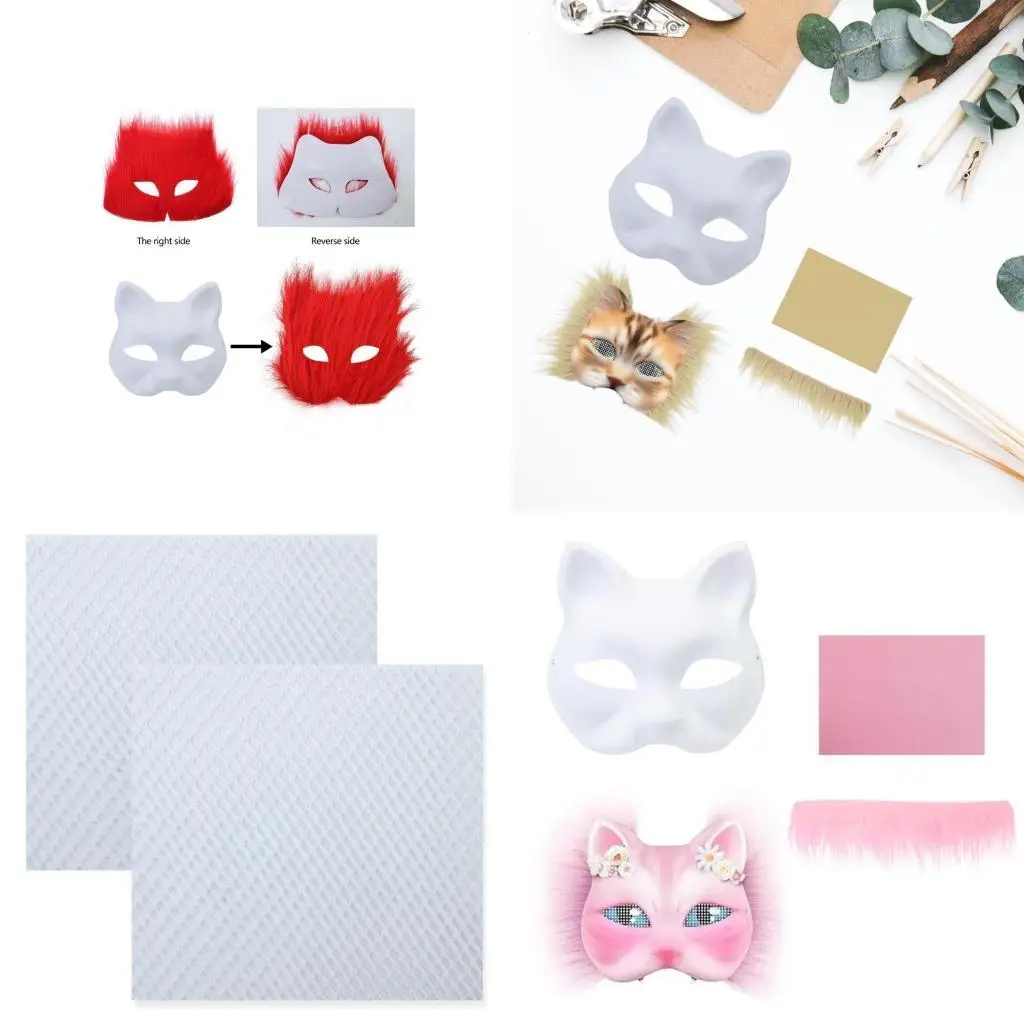 

R1WE Paintable Cats Mask Set with Furry Trim Unpainted Mask Unpainted Masquerades Mask Paintable Mask Adhesive Net Fabric