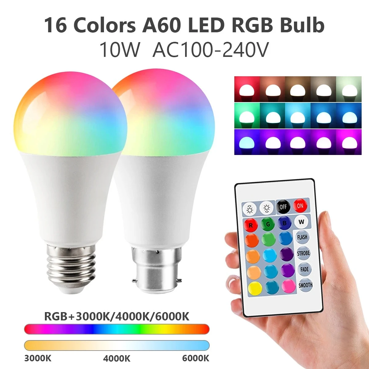 16 Colors RGB Bulb LED Multicolor Bulb E27 220V Household Lighting Dimmable 24 Key Remote Control Smart Lamp Atmosphere Light