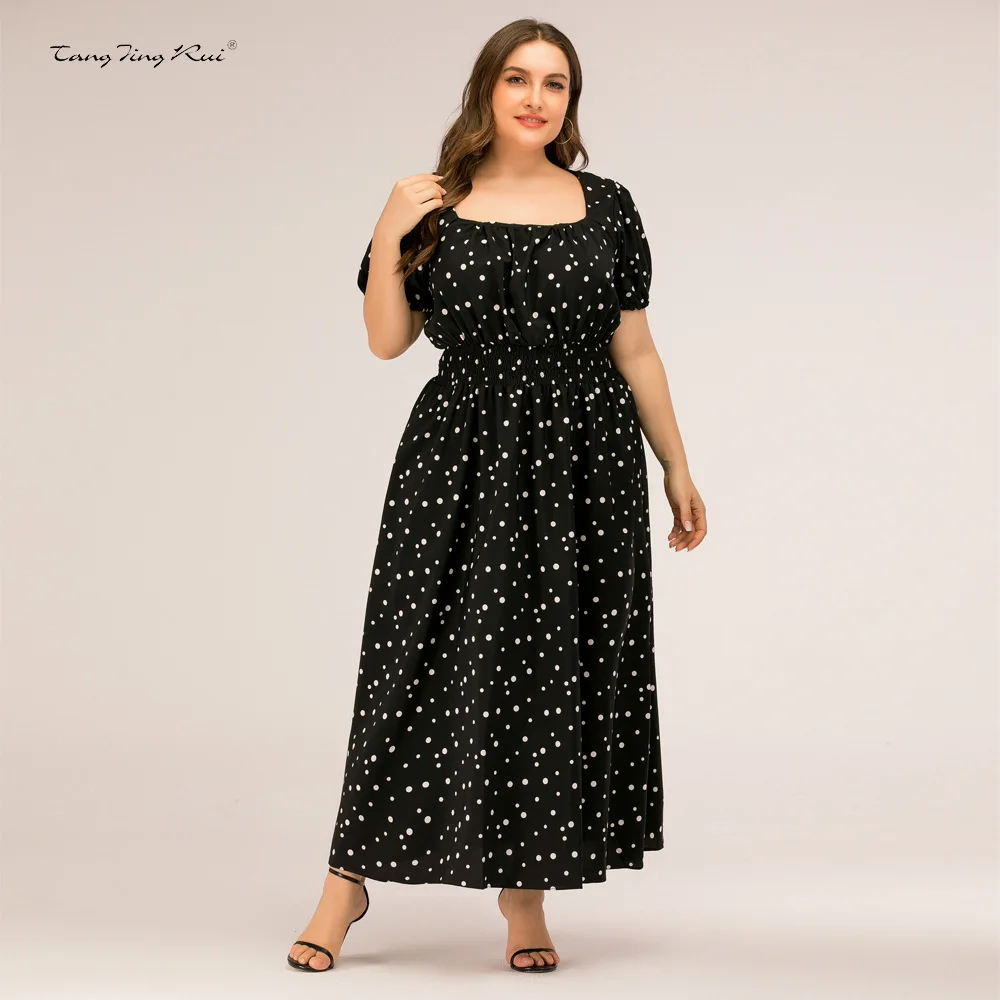 Dress Summer 2024 square neck puff sleeve long plus size women\'s dress temperament polka dot skirt JR056