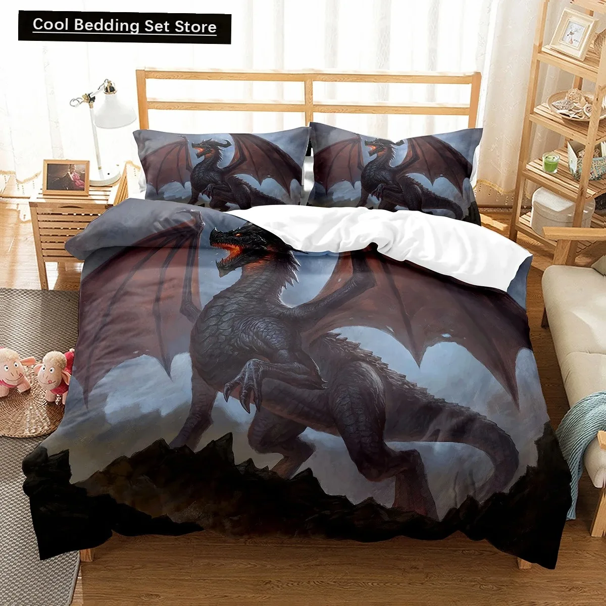 

Fly Dragon King Queen Duvet Cover Western Sci-fi Dragon Bedding Set Men Boys Magic Animal Quilt Cover Polyester Comforter Cover