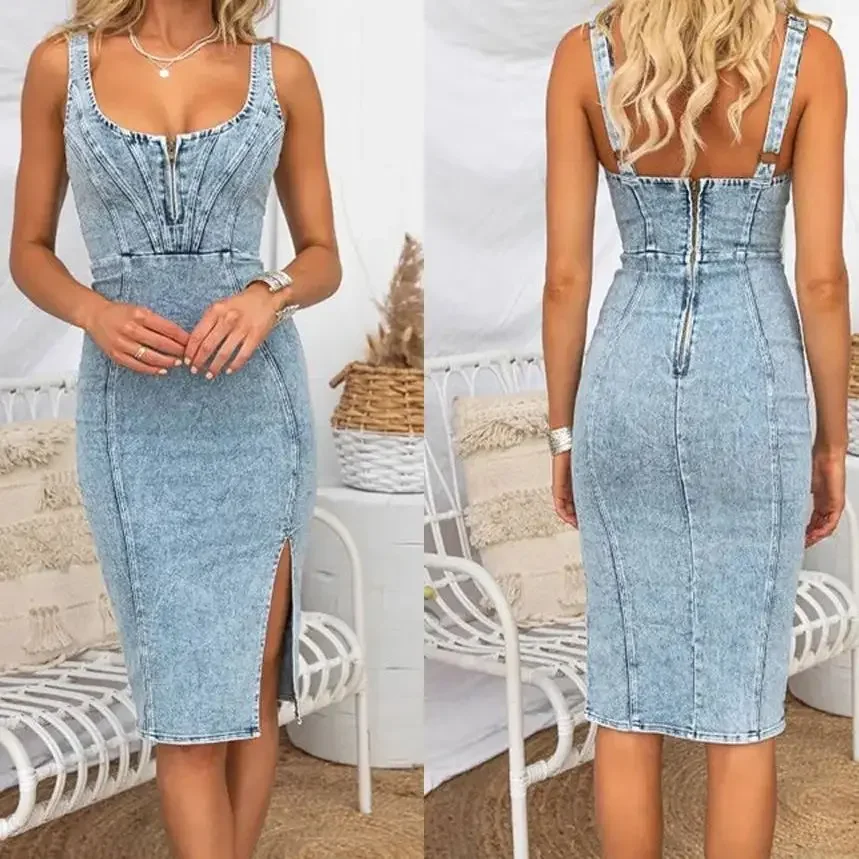 

Bodycon Dress Denim 2023 New Jeans Dresses Women Loose U-neck Casual Sleeveless High Waist Bandage Sexy Party Club Vestidos