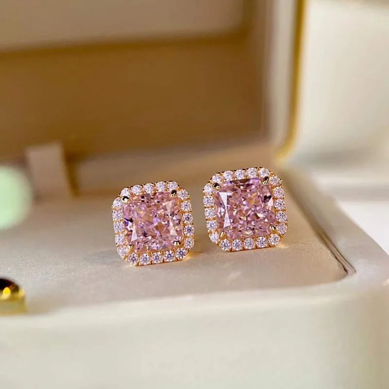 RAKOL Pink Small Square Sugar Zircon Stud Earrings For Women Classic High Grade Luxury Dinner Party Accessories