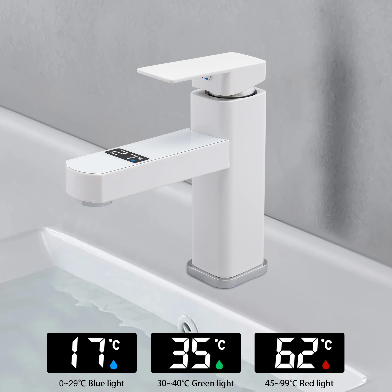 Waschbeckenarmatur Badezimmer Küche Einhebelmischer Deckmontiert Warm- und Kaltwassermischer mit LED-Digitalanzeige Weiß