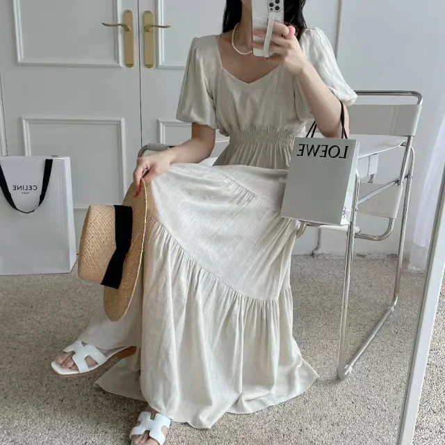 พัฟแขน Chic ฤดูร้อนชุดจีบยาวผู้หญิงแฟชั่นเกาหลีหลวมเสื้อผ้าฝ้ายผู้หญิงสุภาพสตรีชุด Vestidos