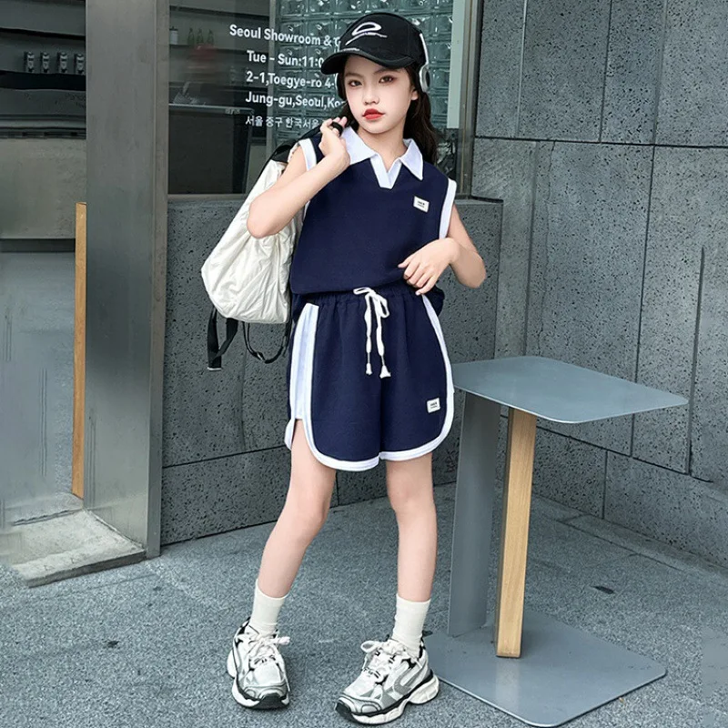 Girls Suits Summer Sleeveless Children Wear 2024 New Korean Version Women Big Children Sports Jacket Shorts Simple Fashion