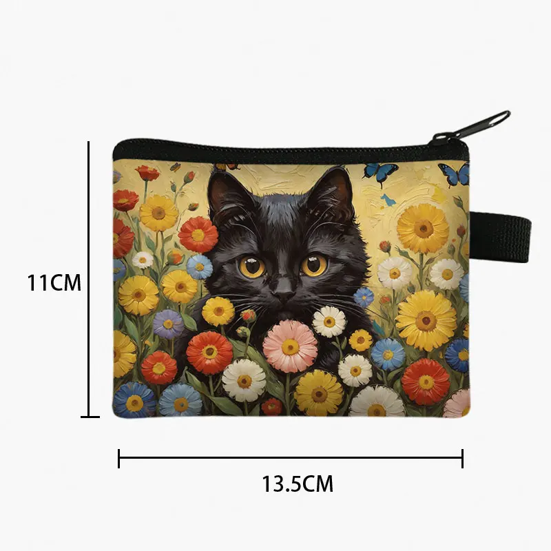 Oil Painting Van Gogh Black Cat Pattern Coin Bag The Starry Night Women Card Key Credit Card Earphone Holder Zipper Pouch Gift