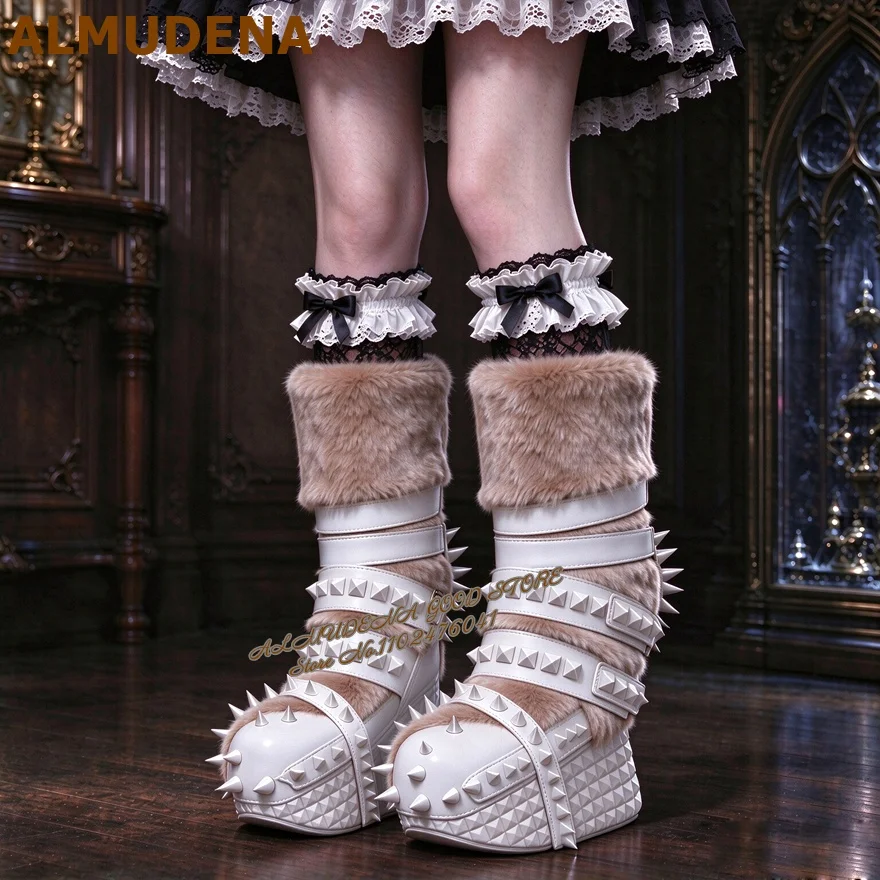 Red Gothic Spiked Boots Fur Trim Multi Strap Rivet Platform Boots Punk Stylish Halloween Cosplay Party Shoes Plush Boots