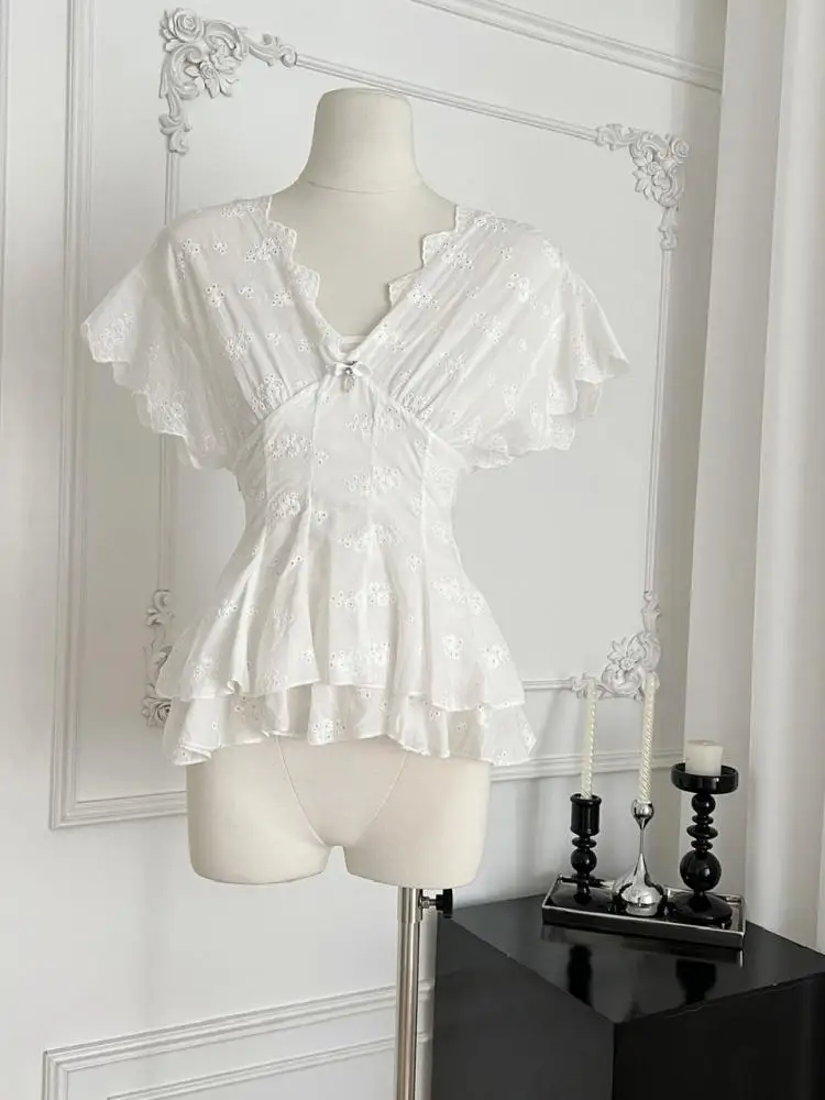 

Summer White Embroidered Hollow Out V-neck Short Sleeved Shirt Tops For Women Vintage Elegant Slim Ruffle Edge Blouse Streetwear