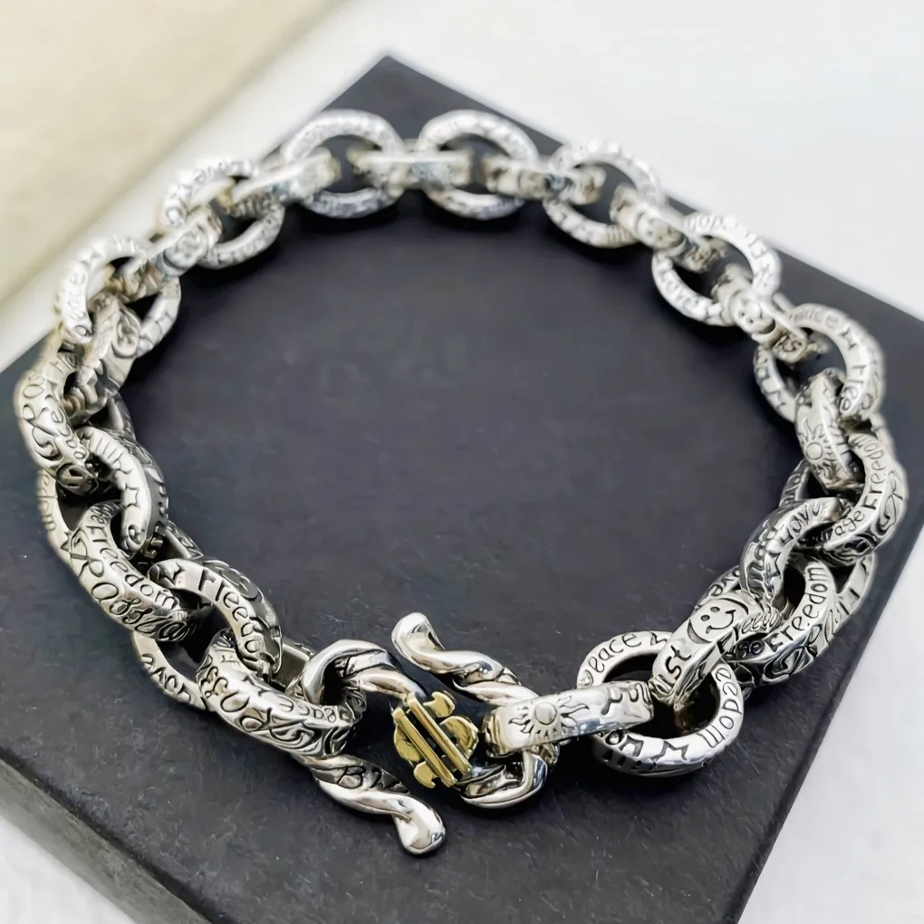 

Fashionable brand accessories s925 sterling silver fashion street stylish graffiti hip hop thai silver retro dollar bracelet