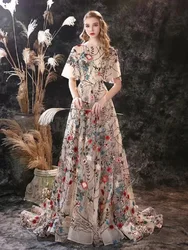 Vestido largo con bordado Floral para mujer, ropa de noche colorida, manga corta, tren de corte, vestido romántico para fiesta de graduación, 2023