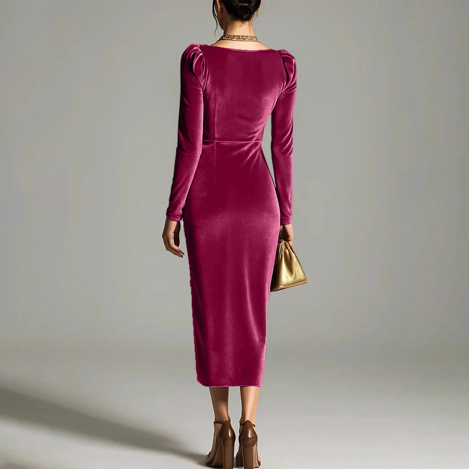 Elegant Velvet Party Dresses for Women Fitted Ruched U Neck Long-sleeved Long Dress Spring Autumn Fashion Women's Evening Gowns