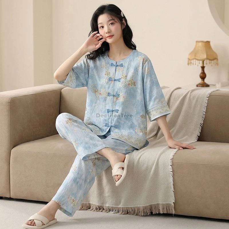 2026 summer cotton short-sleeve long pants three-piece japamas set with chest pad new chinese ancientstyle traditional homewear