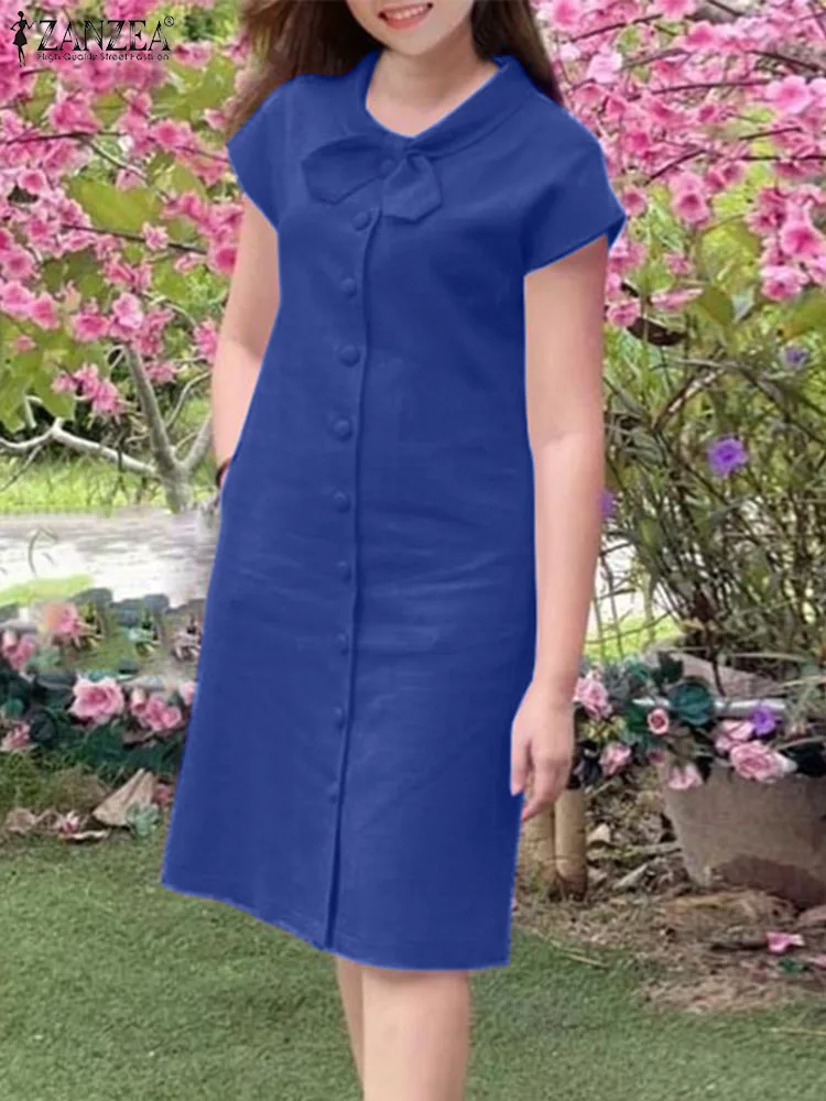 Zanzea ชุดเดรสทำงาน OL หรูหราสำหรับฤดูร้อนชุดเดรสแฟชั่นสำหรับผู้หญิงชุดเดรสปาร์ตี้แขนสั้นมีปกคอพับติดกระดุมชุดเดรสวันหยุด