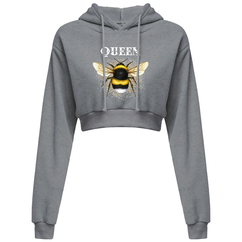Sexy Open Umbilium Pullover Hoodie Top Fashion Queen Print Autumn Casual Long Sleeve Hooded Short Sweatshirt