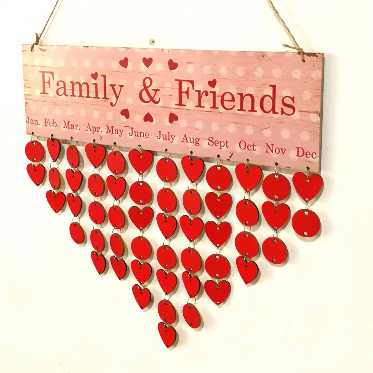 

Wooden Family Friends Birthday Calendar Reminder Wall Hanging Plaque Board with 1 Plaque 25 Round 25 Heart Discs 50 Iron Loops