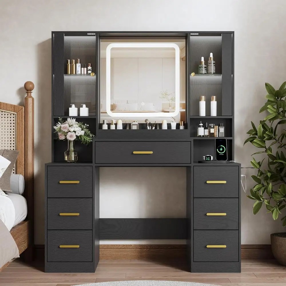 Makeup Vanity Desk with 7 Drawers, 2 Glass Cabinets, Mirror, Lights, Charging Station, Adjustable Shelves, RGB Lighting, Holder view 3