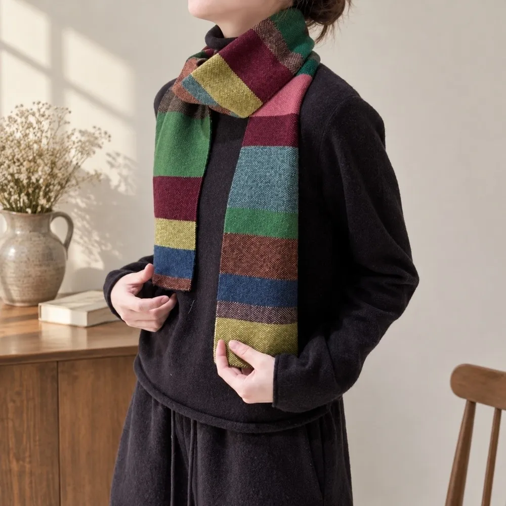 Striped Plaid Women Striped Scarf Rainbow Color Block Neck Warmer Knitted Scarf Korean Style Windproof Winter Shawl Vacation