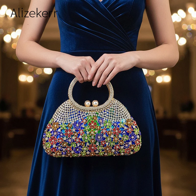 

Alizekerr Flower Crystal Evening Clutch Bags Women Luxury Designer Boutique Sparkling Rhinestone Metallic Handbags Wedding Party