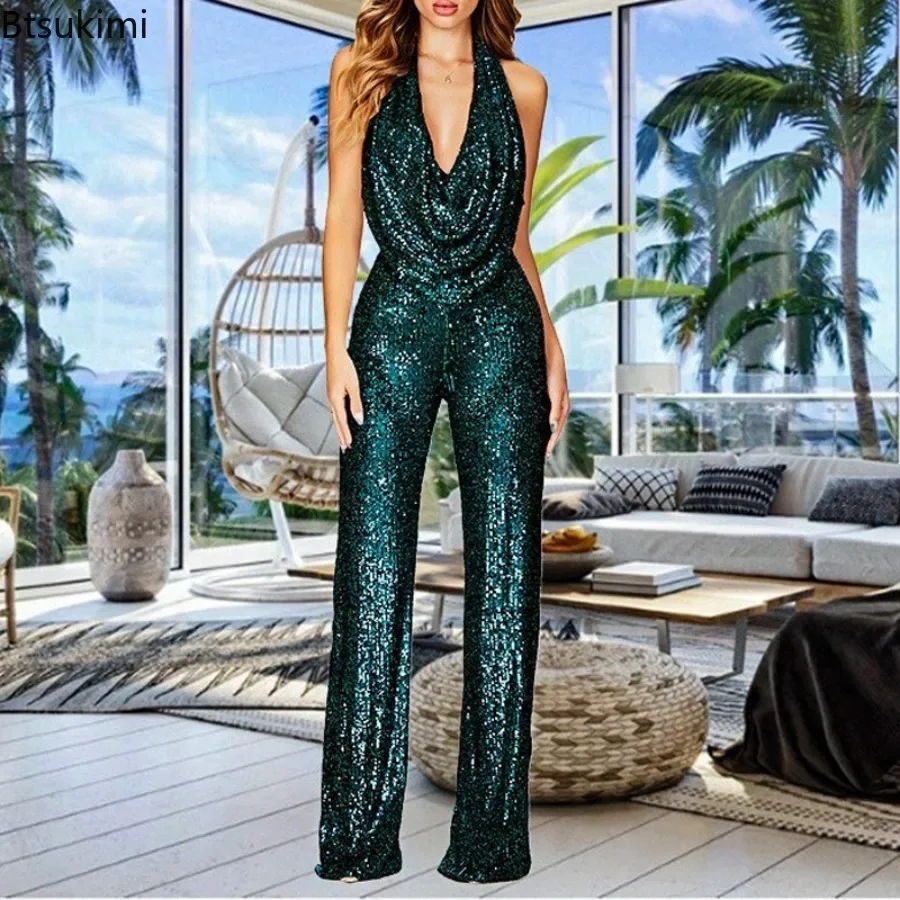 Nieuwe Pailletten Jumpsuit Vrouwen 2024 Lente Zomer Mouwloze Hangende Hals Pailletten Wijde Pijpen Jumpsuits Dame Outfits Club Party Outfits