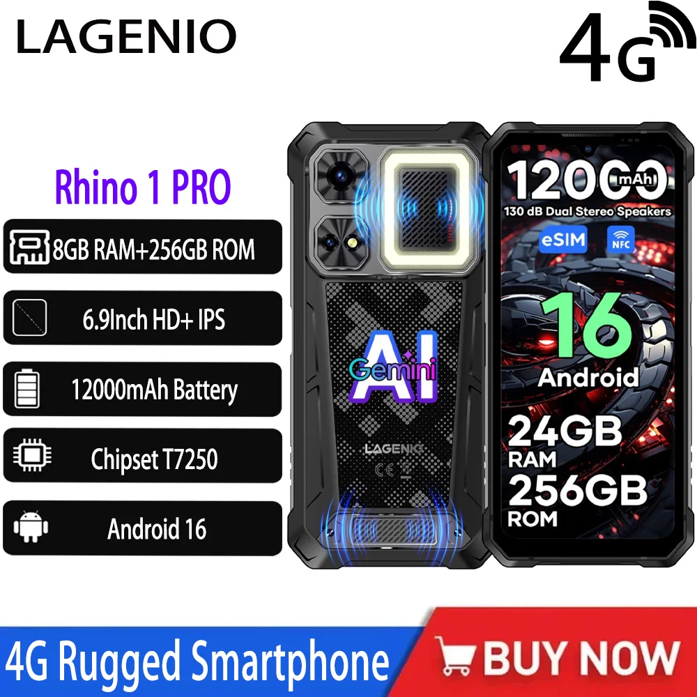 New Model LAGENIO Rhino 1 PRO 4G Rugged Smartphone Android 16 8GB+256GB Mobile Phone 12000mAh Battery 6.9 Inch HD+ IPS 33W NFC