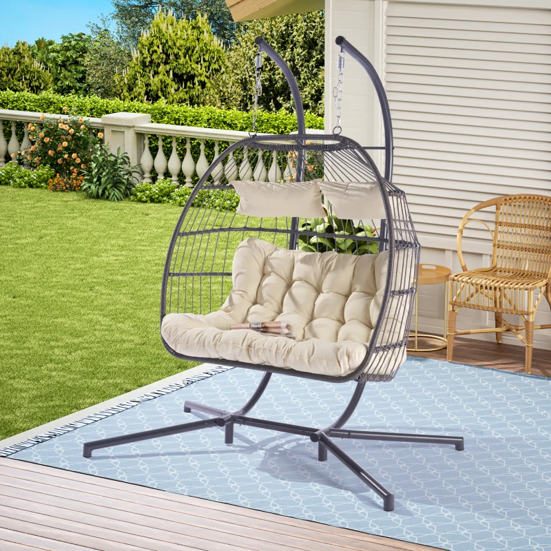 

2 Person Outdoor Rattan Hanging Chair Patio Wicker Egg Chair High-Quality Durable Iron Frame UV-Resistant Rust Resistance Great