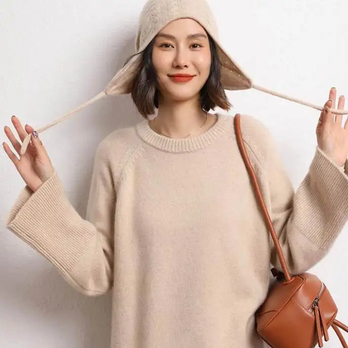 高品質カシミヤ厚手ゆったり風秋冬新作レディースルーズラウンドネックロングニットセーター