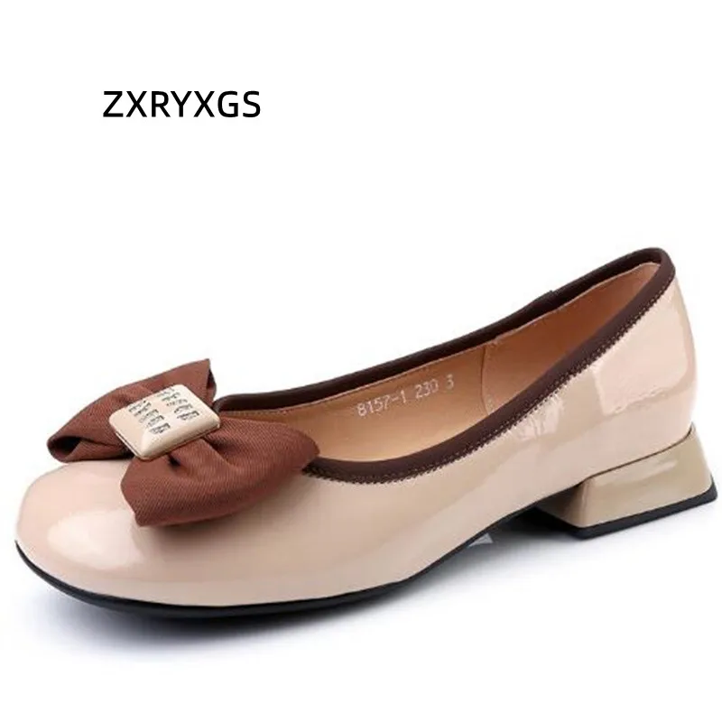 

ZXRYXGS Top Cowhide Patent Leather Bow Woman Fashionable Shoes 2023 Spring Thick with Low Heel Shoe Comfort Soft Banquet Shoes