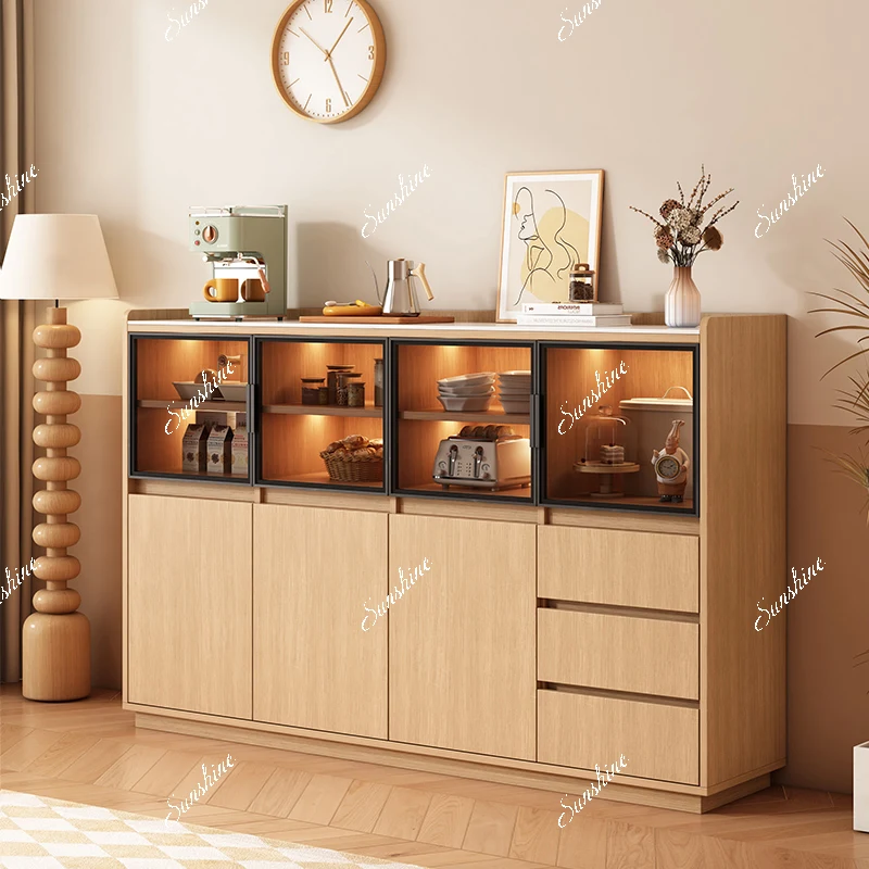 rock slab dining side, integrated storage against the wall, solid wood living room, tea cabinet, light luxury and high-end sense
