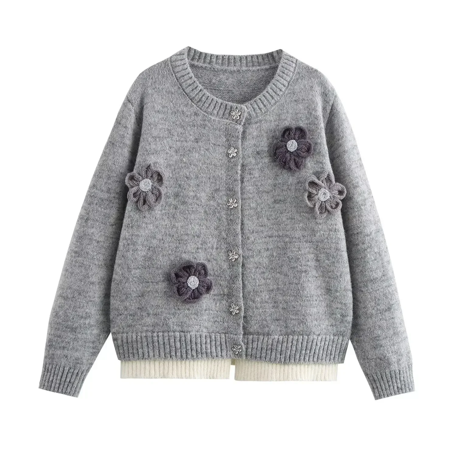 

2025 New Handmade Knitted Short Cardigan Coat Winter Arrival Small Size Floral Pattern Full Sleeve Crew Neck Women's Sweater