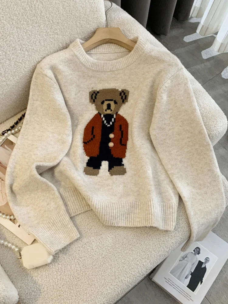 Neue 2024 Koreanischen Stil Herbst Winter Kaschmir Pullover Frauen Casual Cartoon Bär Langarm Pullover Gestrickte Pullover Für Frauen