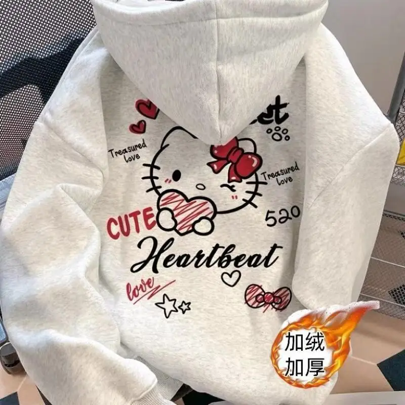 

Женская толстовка Sanrio Hello Kitty с капюшоном на флисовой подкладке, новинка осени и зимы, универсальная, милая, уникальная, модная верхняя одежда