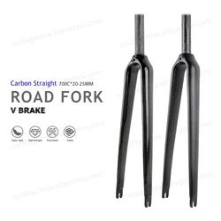 Nologo 700C Road Bike Quick Release Type Front Fork 3K Gloss Full Carbon 25.4/28.6mm Round Tube V Brake Road Fork Bicycle Parts