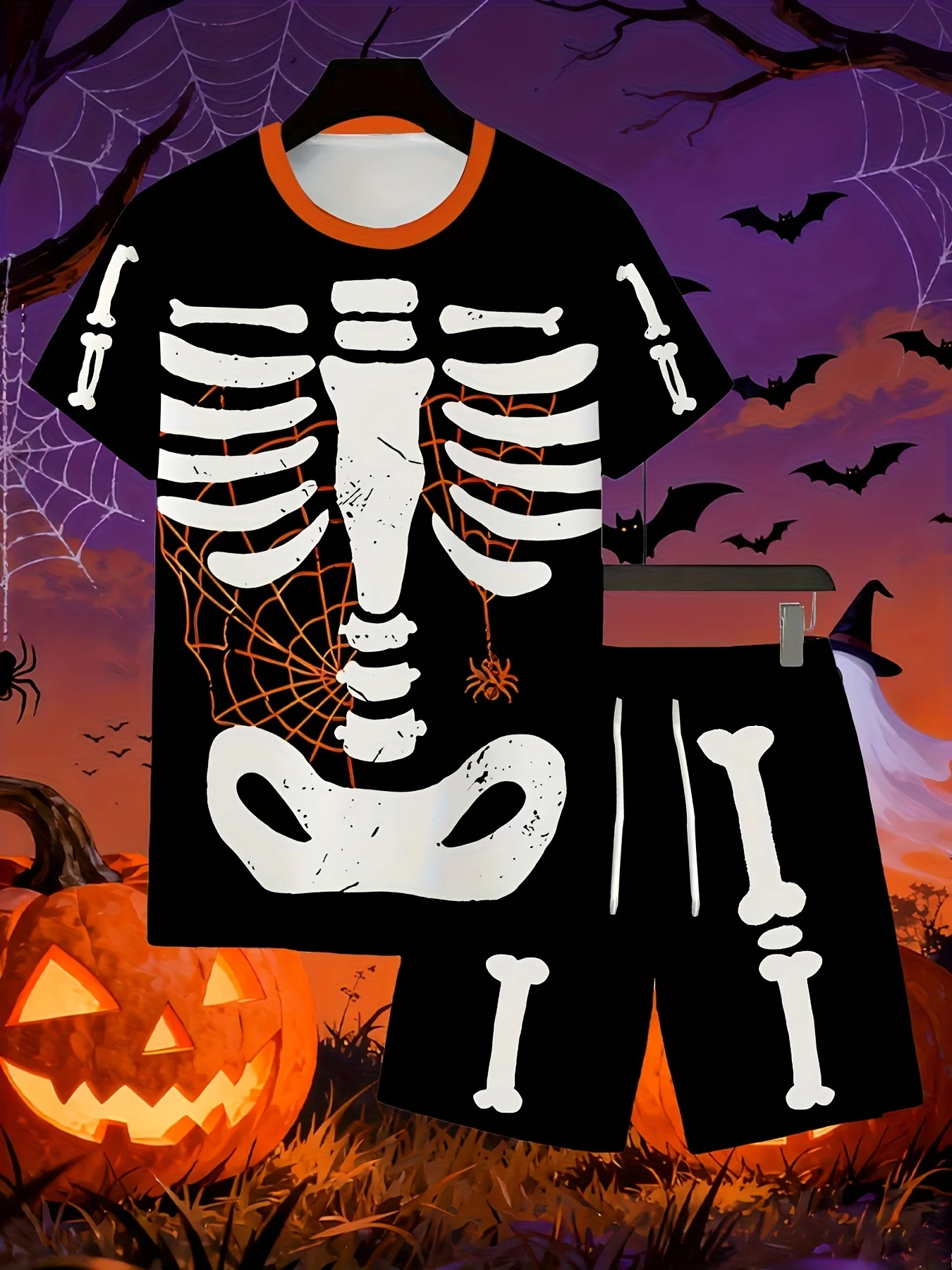 Men's 2pc set featuring a crew-neck T-shirt and shorts with a skeleton and spiderweb print  Halloween family matching cosplay