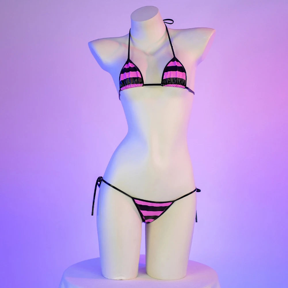 بكيني نسائي مثير من الجلد اللامع ، طقم ملابس داخلية برباط مطبوع مخطط