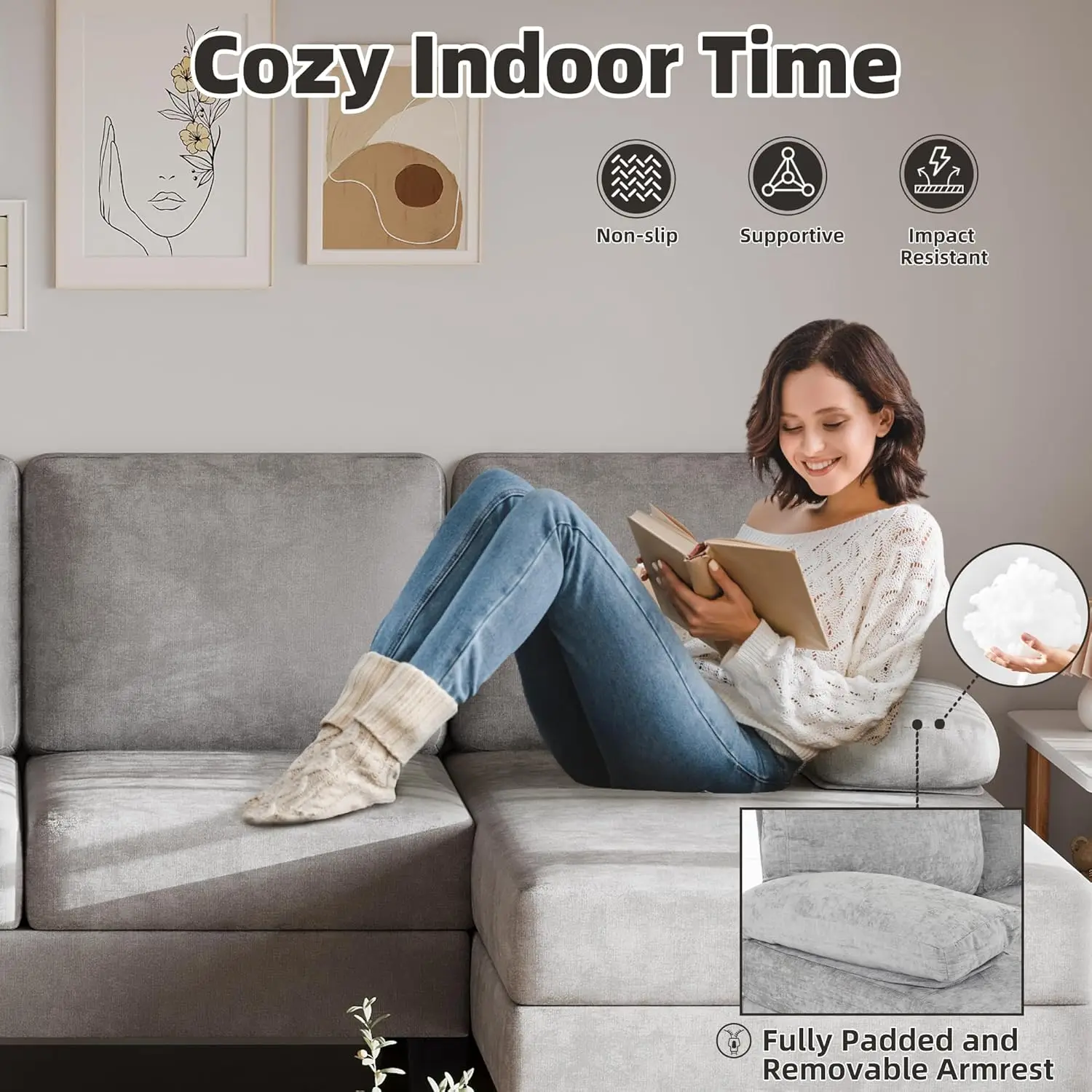 أرائك مقطعية لغرفة المعيشة، أريكة وحدات على شكل حرف U مع وسادة وقماش شانيل، مجموعات أثاث مريحة بأربعة مقاعد #3