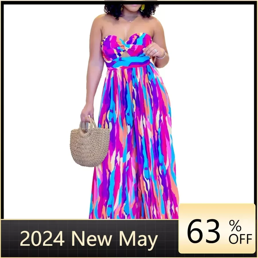 Summer 2024 Sexy African Clothes for Women Fashion African Sleeveless Polyester Printing Party Evening Long Jumpsuit Outfits