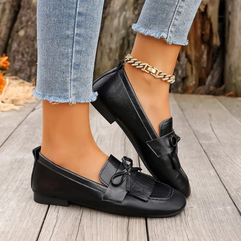 Autumn Women Loafer Shoes Fringe Bow Design Leather Comfortable Flat Sole Daily Commute Casual Footwear for Young Ladies Zapatos