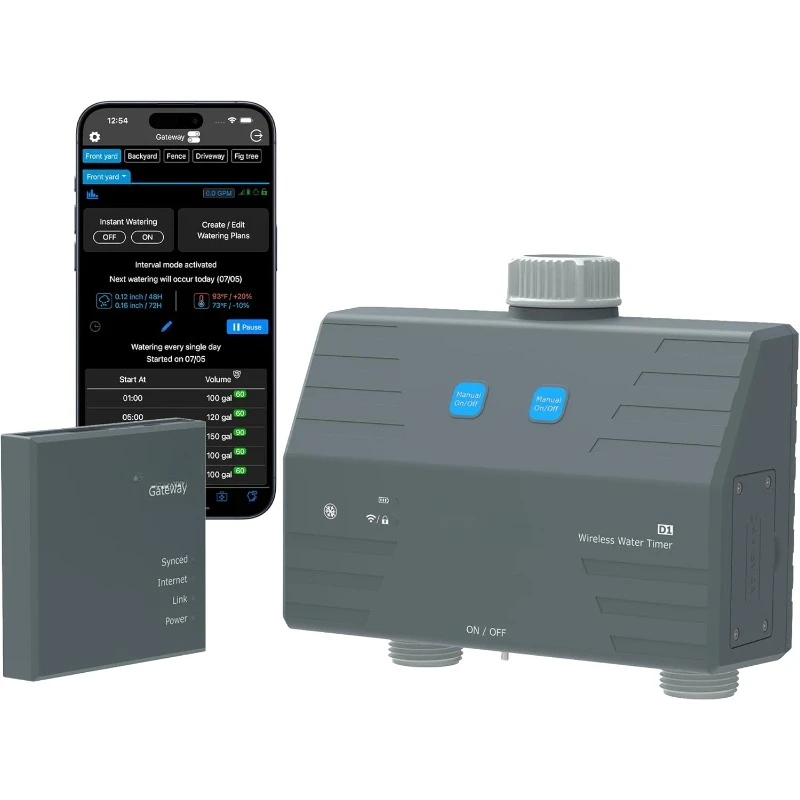 

D1 Wireless Water Timer & Gateway - 2 Zone Smart Hose Faucet Timer, Built-in Flow Meters, Real-Time Fault Detection