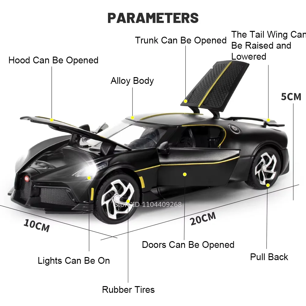 1:24 Atlantic La Voiture Noire Sports Car Model Toy Pull Back Music Light Doors Opened Supercar Models Boys Hobby Ornaments