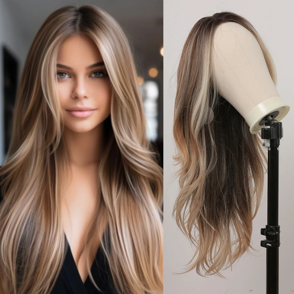 Peluca de encaje sintético para mujer, cabellera larga ondulada a mano, resistente al calor, color marrón, Rubio, Balayage