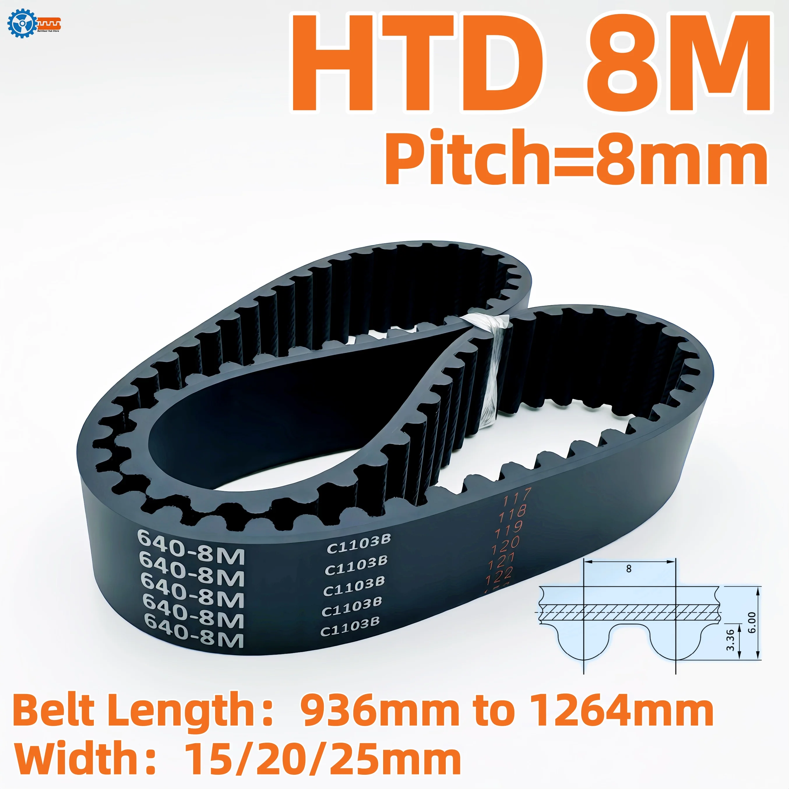 HTD 8M Timing Belt Pitch 8mm Length 936-1264mm Width 15/20/25mm Rubber Closed Loop Synchronous Belt for Industrial Transmission