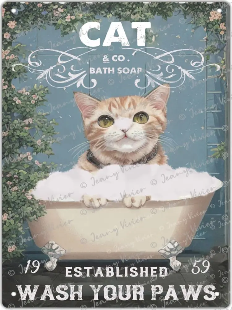 Tin Sign Metal Tin Retro Sign Wash Your Paws Cat Metal Poster,Kitten Metal Sign,Funny Cat Funny Poster,Bathroom Hanging Dec sign
