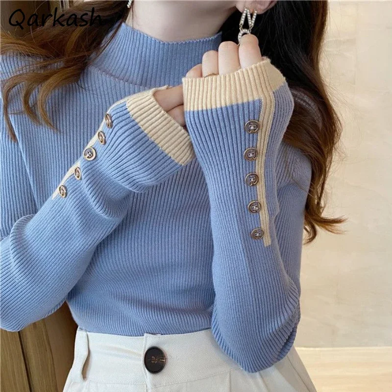 

Chic Button Sweaters Women Pullovers Half High Collar Autumn Fashion Vintage 7 Colors Knitted Elegant Ladies Slim Basic Clothing