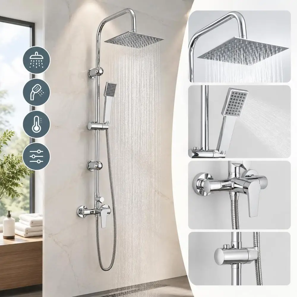 Système de douche chromé en acier inoxydable 21 x 48 x 112 cm – Lave-tout et robinet thermostatique, ensemble de douche pour salle de bain, design moderne, montage facile