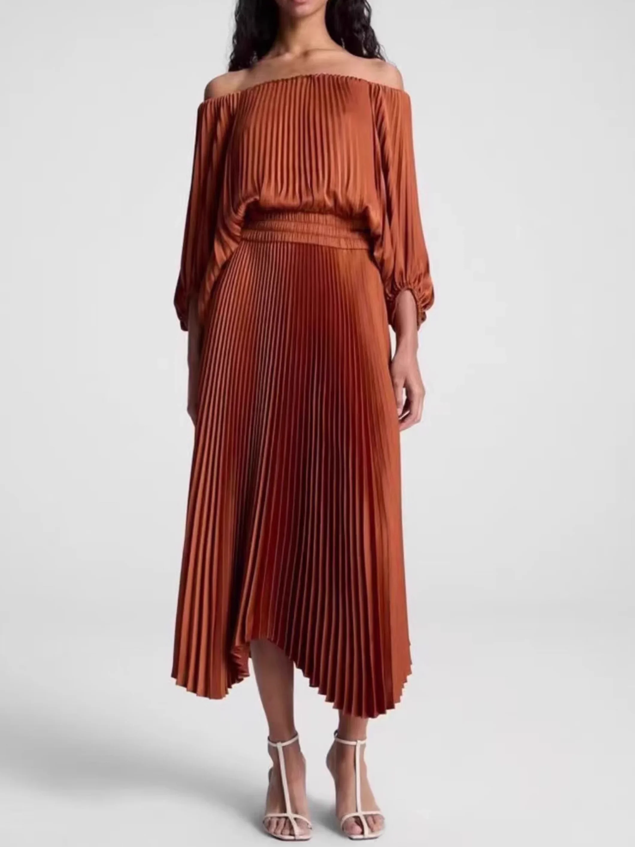 

Women's Pleated Maxi Dress Solid Color Slash Neck Long Sleeve Elastic Waist Elegant Ladies Robe