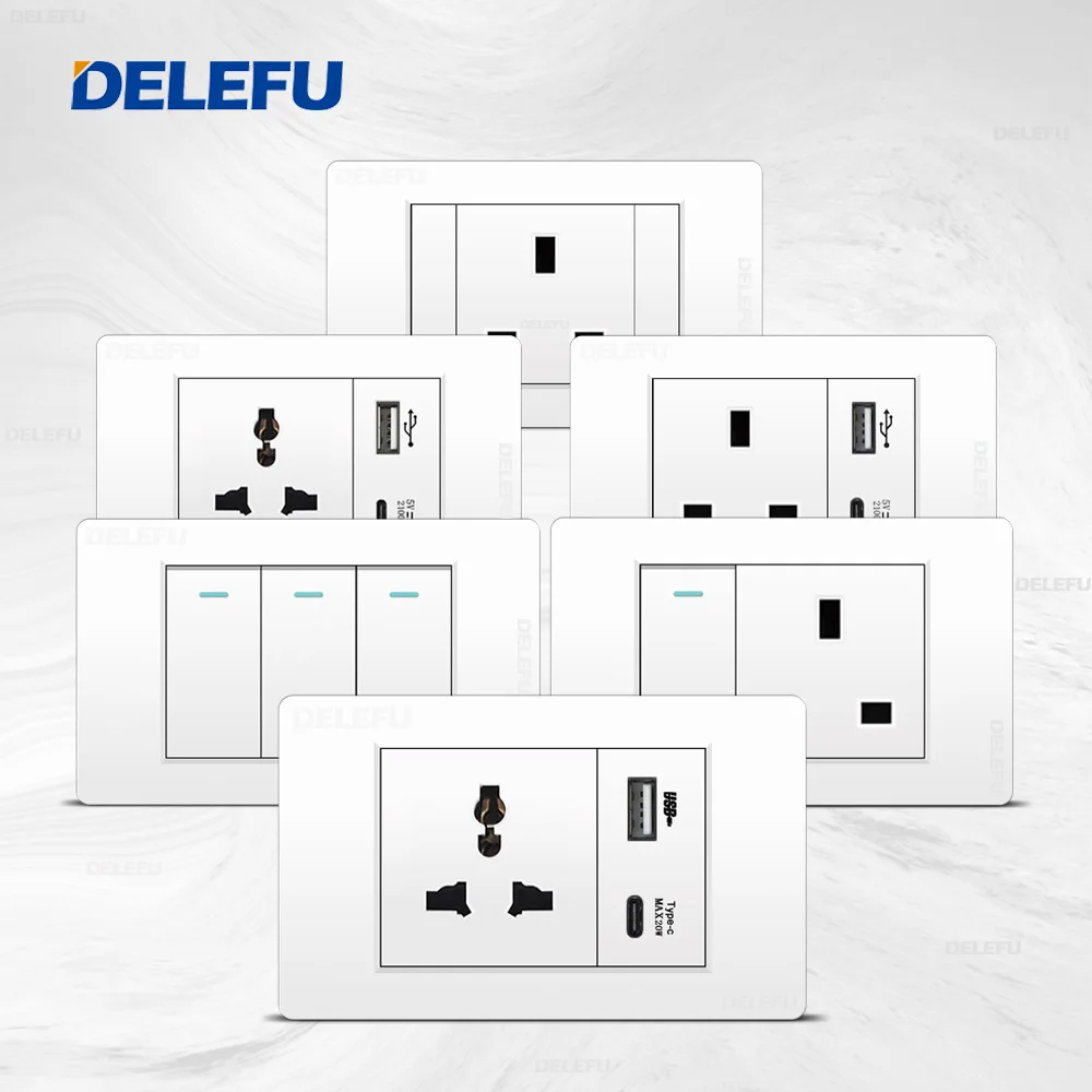 DELEFU Wall Switch Power socket USB-C PC White panel UK series