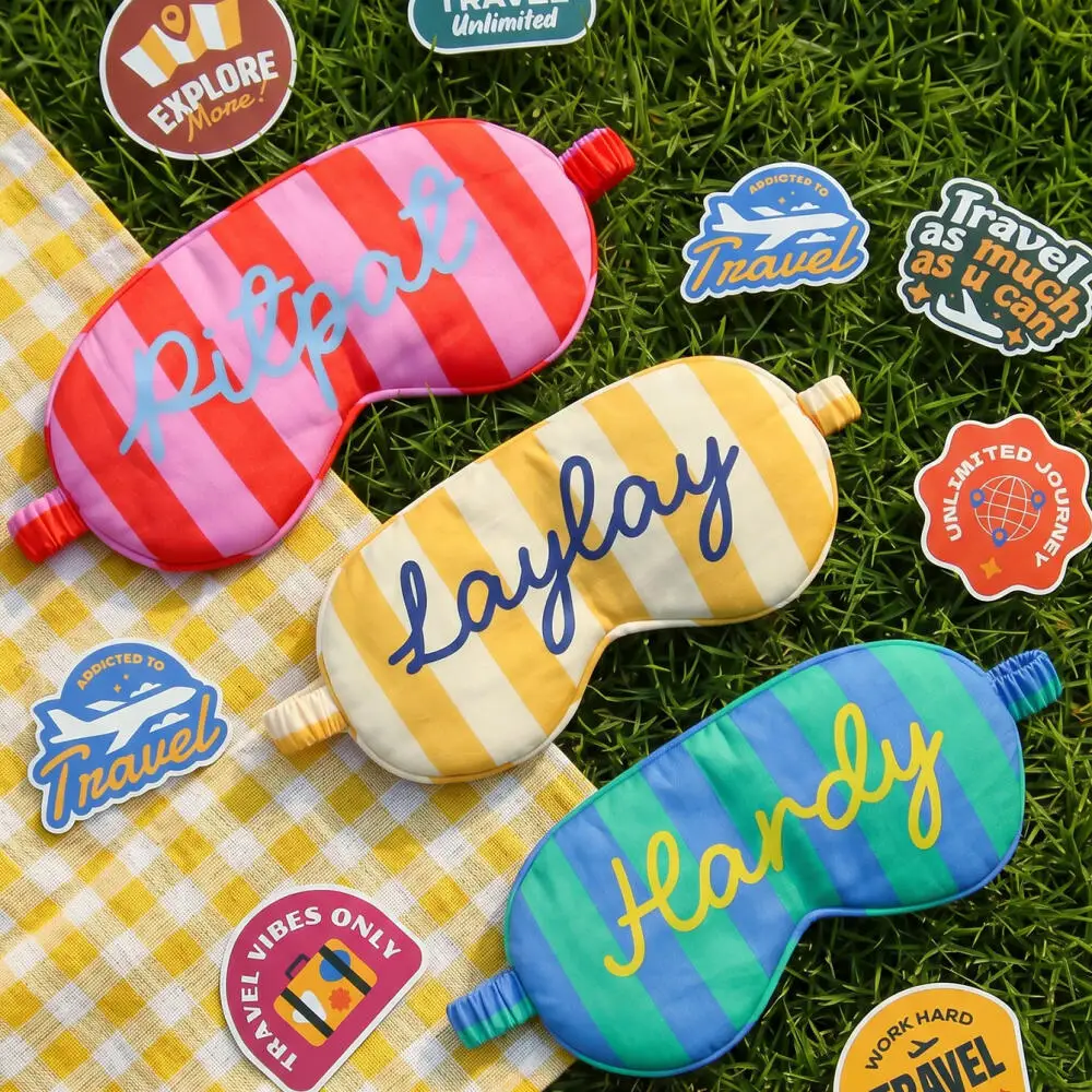 Custom Cursive Name Striped Travel Set Personalized Name Eye Mask Passport Cover Storage Drawstring Bag Travel Kit Travel Gift