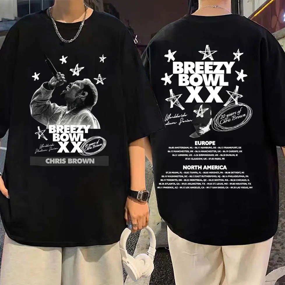 

2025 Chris Brown Breezy Bowl XX Tour Merch T Shirt Men Women Clothing Hip Hop Vintage T-shirt Casual Fashion Oversized T-shirts