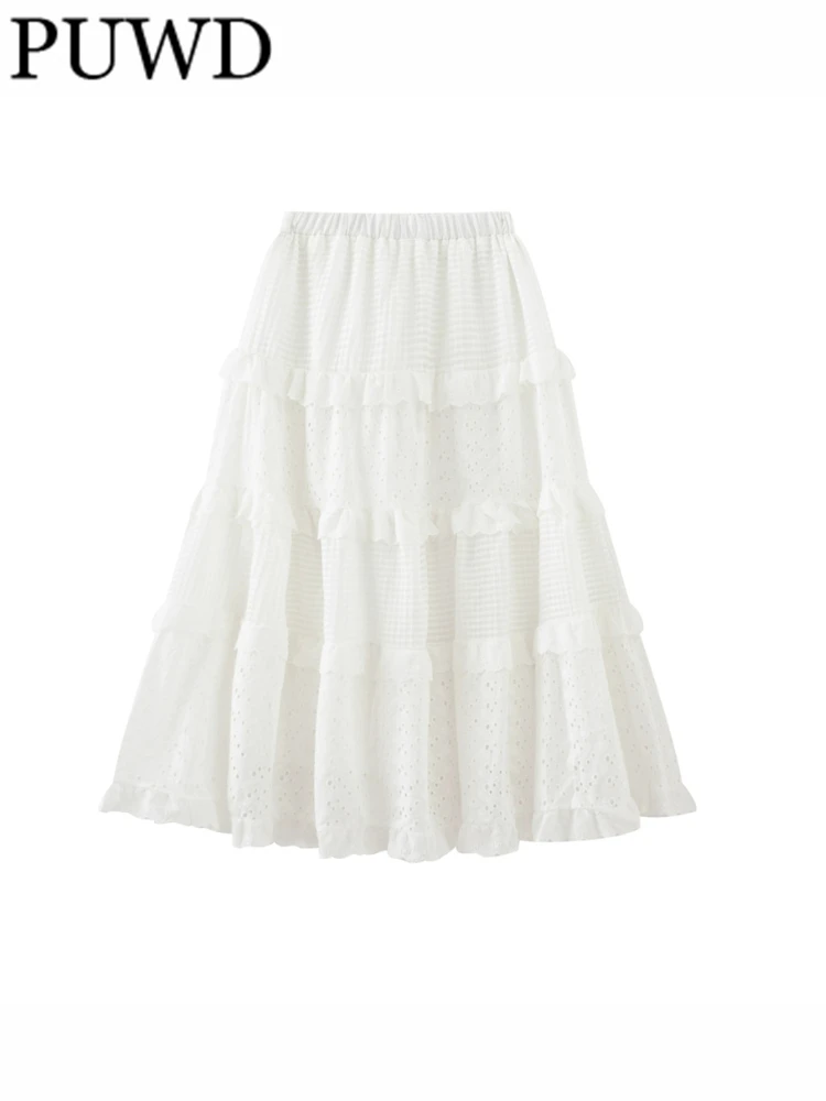 

PUWD Women White A-line Cake Skirts 2023 Summer Retro Ladies High Elastic Waist Bottoms Female Solid Color Skirts